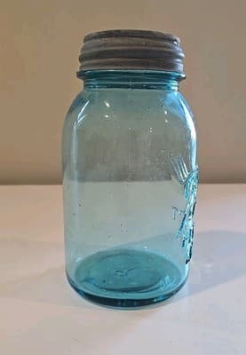 Vintage Ball Blue Glass Perfect Mason Canning Jar 1 Quart with Zinc Lid - Thumbnail 4