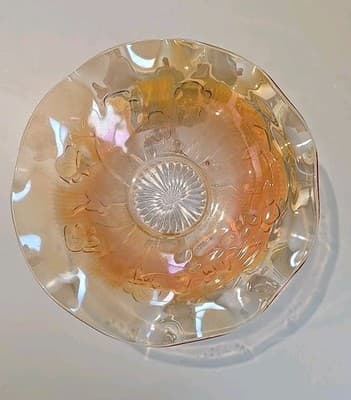 VTG Jeannette Iris Herringbone Iridescent Flora Gold Large Glass Fruit Bowl - Thumbnail 7