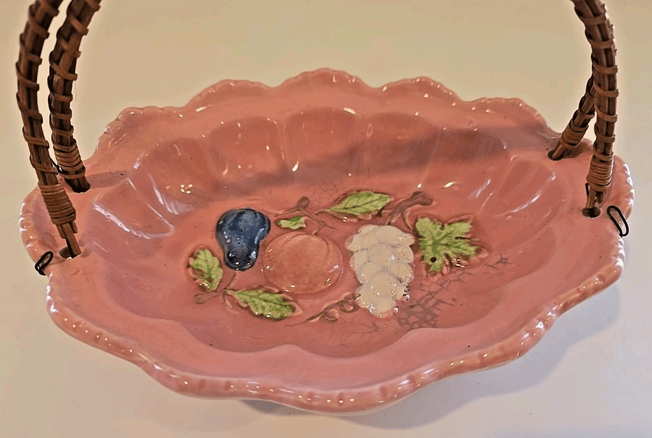 VTG Old Japan Oval/Basket Wire Rattan Handle Hand Painted Pink Porcelain Fruit - Thumbnail 2