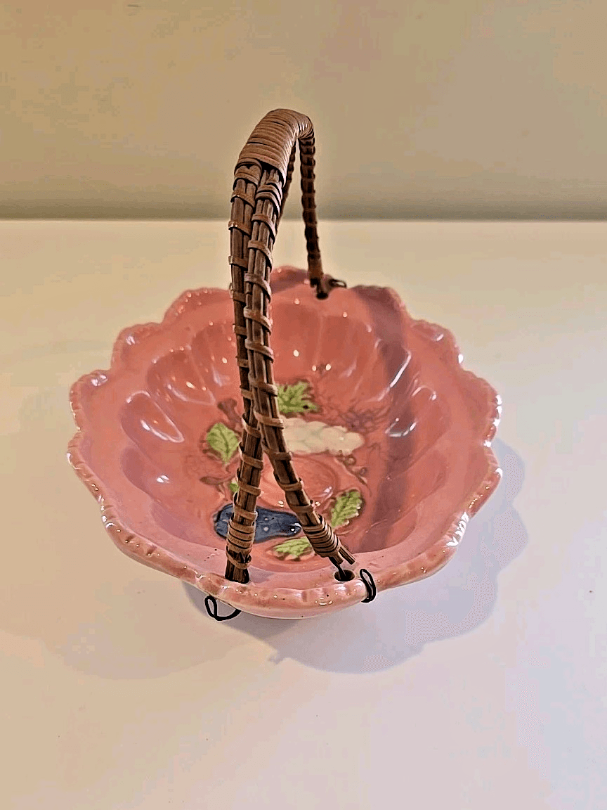 VTG Old Japan Oval/Basket Wire Rattan Handle Hand Painted Pink Porcelain Fruit - Thumbnail 5