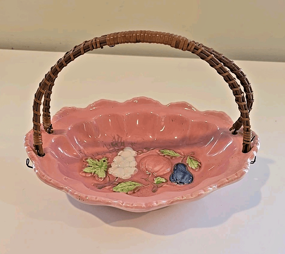 VTG Old Japan Oval/Basket Wire Rattan Handle Hand Painted Pink Porcelain Fruit - Thumbnail 4
