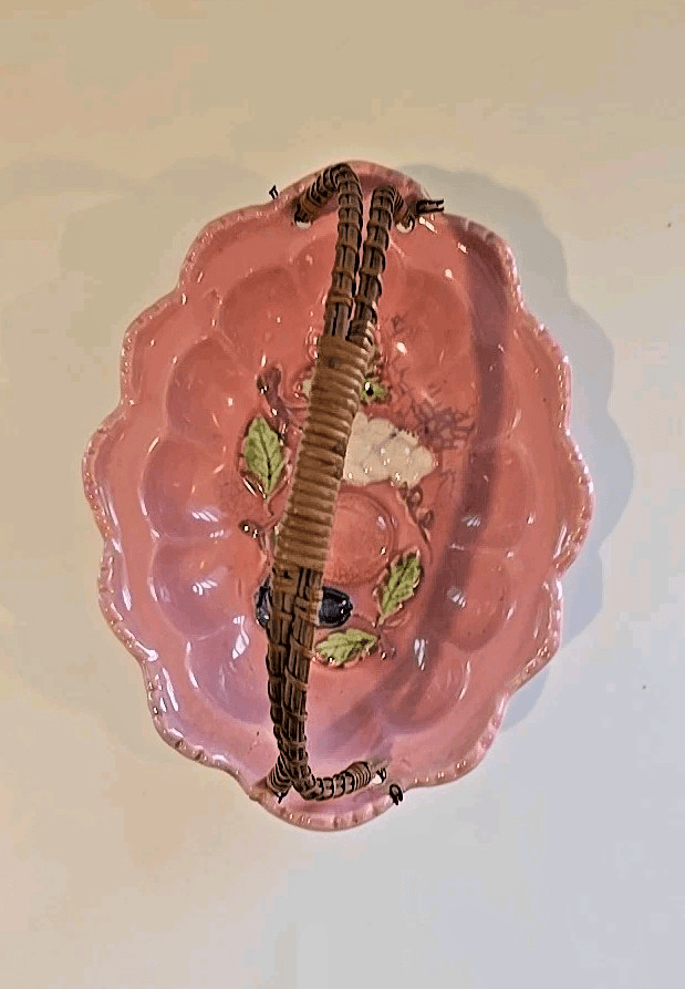 VTG Old Japan Oval/Basket Wire Rattan Handle Hand Painted Pink Porcelain Fruit - Thumbnail 6