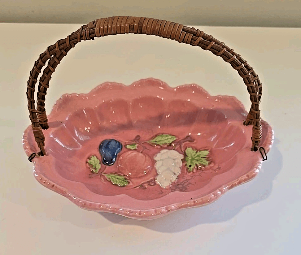 VTG Old Japan Oval/Basket Wire Rattan Handle Hand Painted Pink Porcelain Fruit