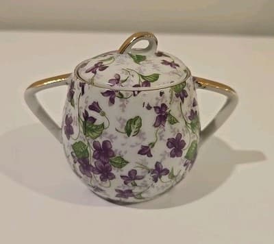 Sugar Bowl Covered with Purple Violets Gold Gilt, Unbranded