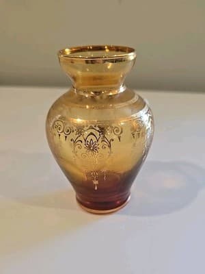 Vecchia Murano Amber Art Glass Vase 24K Gold Trim 4 3/4" - Thumbnail 3