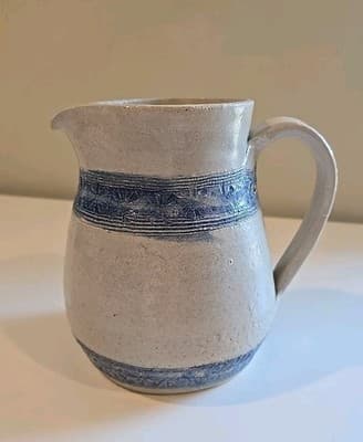 Vintage Studio Stoneware Pottery Handmade Pitcher Blue Design 7.5” Tall Signed - Thumbnail 8