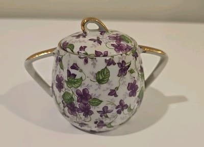 Sugar Bowl Covered with Purple Violets Gold Gilt, Unbranded - Thumbnail 3