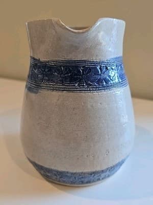 Vintage Studio Stoneware Pottery Handmade Pitcher Blue Design 7.5” Tall Signed - Thumbnail 3