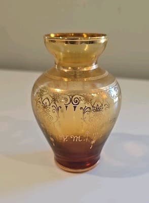 Vecchia Murano Amber Art Glass Vase 24K Gold Trim 4 3/4"