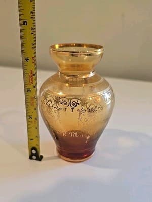 Vecchia Murano Amber Art Glass Vase 24K Gold Trim 4 3/4" - Thumbnail 2