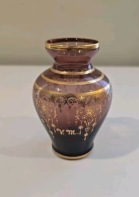4" VECCHIA MURANO Amethyst Glass 24K Gold Gilt Overlay Vase Italy
