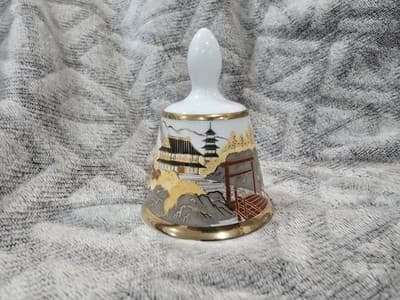 Kiyomasa Japan Porcelain Bell Gold Trim House River Scene