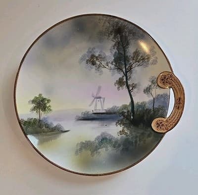 Antique Noritake Hand Painted Handle Plate with Moriage Windmill 7"