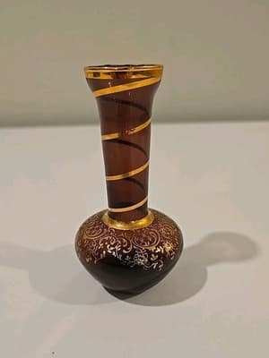 Vintage Bohemian Hand Blown Art Glass Amethyst Footed Flute Bud Vase Gold 5" - Thumbnail 6