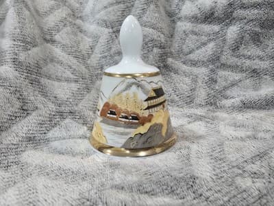 Kiyomasa Japan Porcelain Bell Gold Trim House River Scene - Thumbnail 2