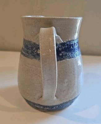 Vintage Studio Stoneware Pottery Handmade Pitcher Blue Design 7.5” Tall Signed - Thumbnail 5