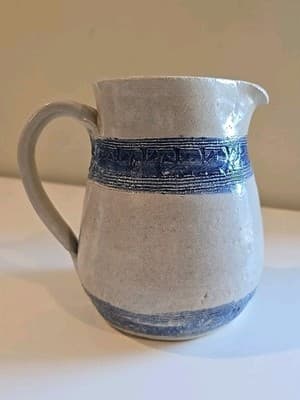 Vintage Studio Stoneware Pottery Handmade Pitcher Blue Design 7.5” Tall Signed - Thumbnail 4
