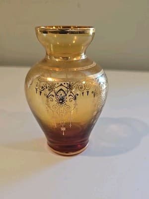 Vecchia Murano Amber Art Glass Vase 24K Gold Trim 4 3/4" - Thumbnail 4