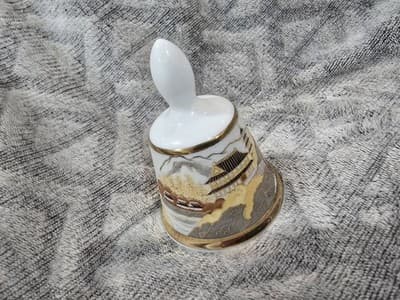 Kiyomasa Japan Porcelain Bell Gold Trim House River Scene - Thumbnail 5