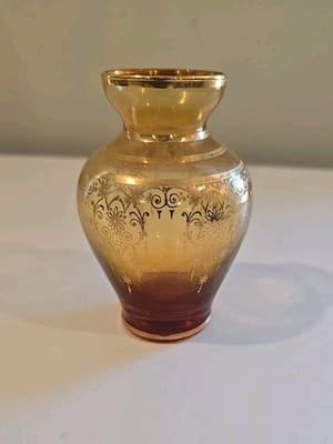 Vecchia Murano Amber Art Glass Vase 24K Gold Trim 4 3/4" - Thumbnail 5