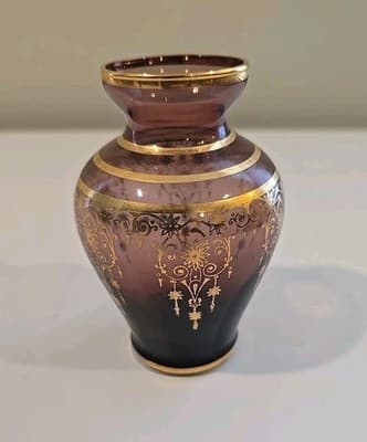 4" VECCHIA MURANO Amethyst Glass 24K Gold Gilt Overlay Vase Italy - Thumbnail 3