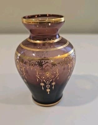4" VECCHIA MURANO Amethyst Glass 24K Gold Gilt Overlay Vase Italy - Thumbnail 4