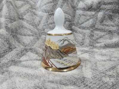 Kiyomasa Japan Porcelain Bell Gold Trim House River Scene - Thumbnail 3