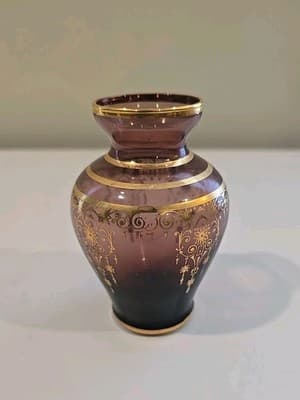 4" VECCHIA MURANO Amethyst Glass 24K Gold Gilt Overlay Vase Italy - Thumbnail 2
