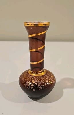 Vintage Bohemian Hand Blown Art Glass Amethyst Footed Flute Bud Vase Gold 5" - Thumbnail 2
