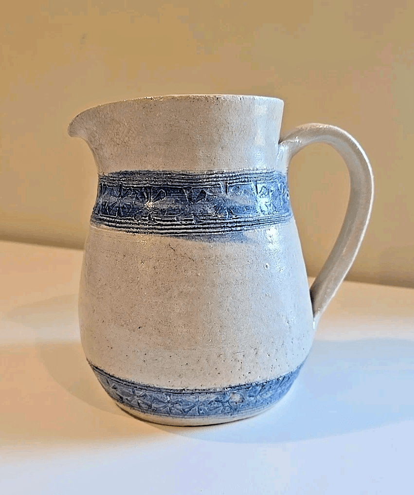 Vintage Studio Stoneware Pottery Handmade Pitcher Blue Design 7.5” Tall Signed