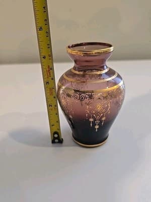 4" VECCHIA MURANO Amethyst Glass 24K Gold Gilt Overlay Vase Italy - Thumbnail 5
