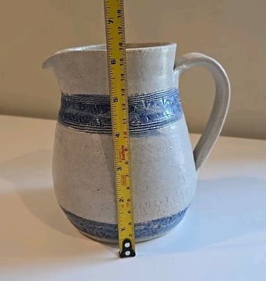 Vintage Studio Stoneware Pottery Handmade Pitcher Blue Design 7.5” Tall Signed - Thumbnail 2