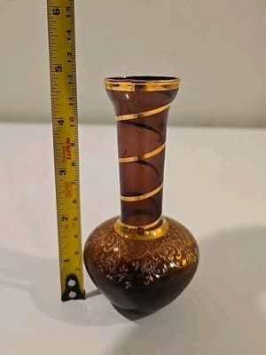 Vintage Bohemian Hand Blown Art Glass Amethyst Footed Flute Bud Vase Gold 5" - Thumbnail 3