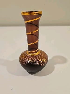 Vintage Bohemian Hand Blown Art Glass Amethyst Footed Flute Bud Vase Gold 5" - Thumbnail 5