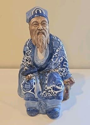 13" Vintage Japanese Kutani Porcelain Old Man Figurine Figure Blue & White