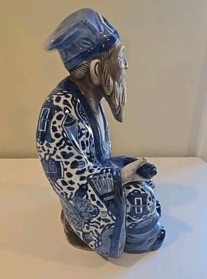 13" Vintage Japanese Kutani Porcelain Old Man Figurine Figure Blue & White - Thumbnail 5