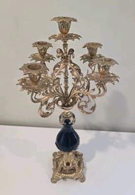 Antique French Louis XVI Style Gold Gilt Coblat Blue Porcelain 5-Arm Candelabra - Thumbnail 6