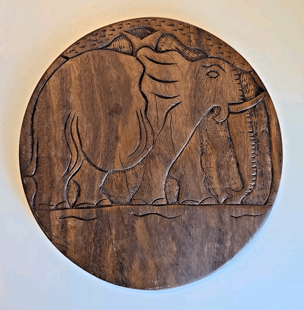 Vintage African Ebony Carved Two Sided Elephant, Hippo, Rhino Plate 12.5" - Thumbnail 2