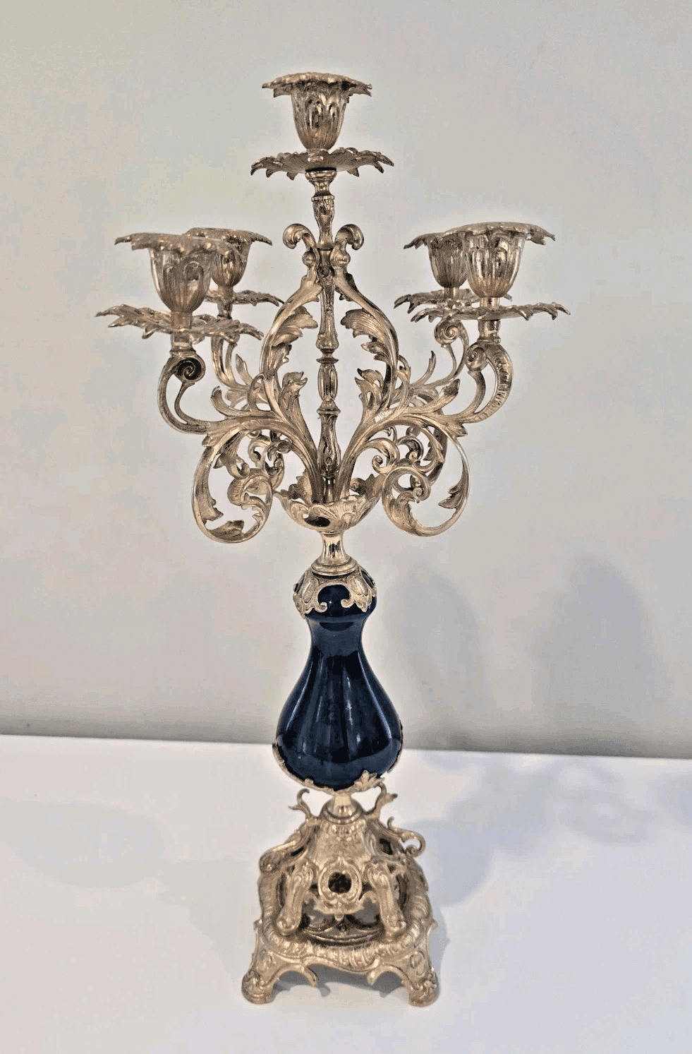 Antique French Louis XVI Style Gold Gilt Coblat Blue Porcelain 5-Arm Candelabra