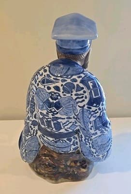 13" Vintage Japanese Kutani Porcelain Old Man Figurine Figure Blue & White - Thumbnail 4