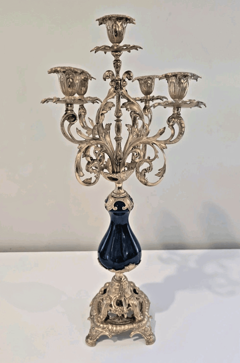 Antique French Louis XVI Style Gold Gilt Coblat Blue Porcelain 5-Arm Candelabra - Thumbnail 5