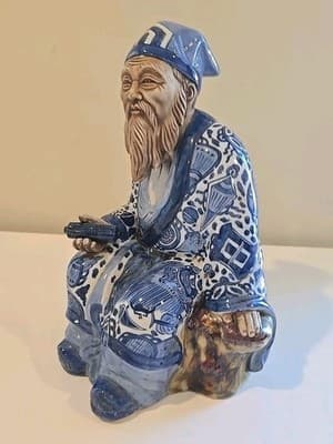 13" Vintage Japanese Kutani Porcelain Old Man Figurine Figure Blue & White - Thumbnail 2