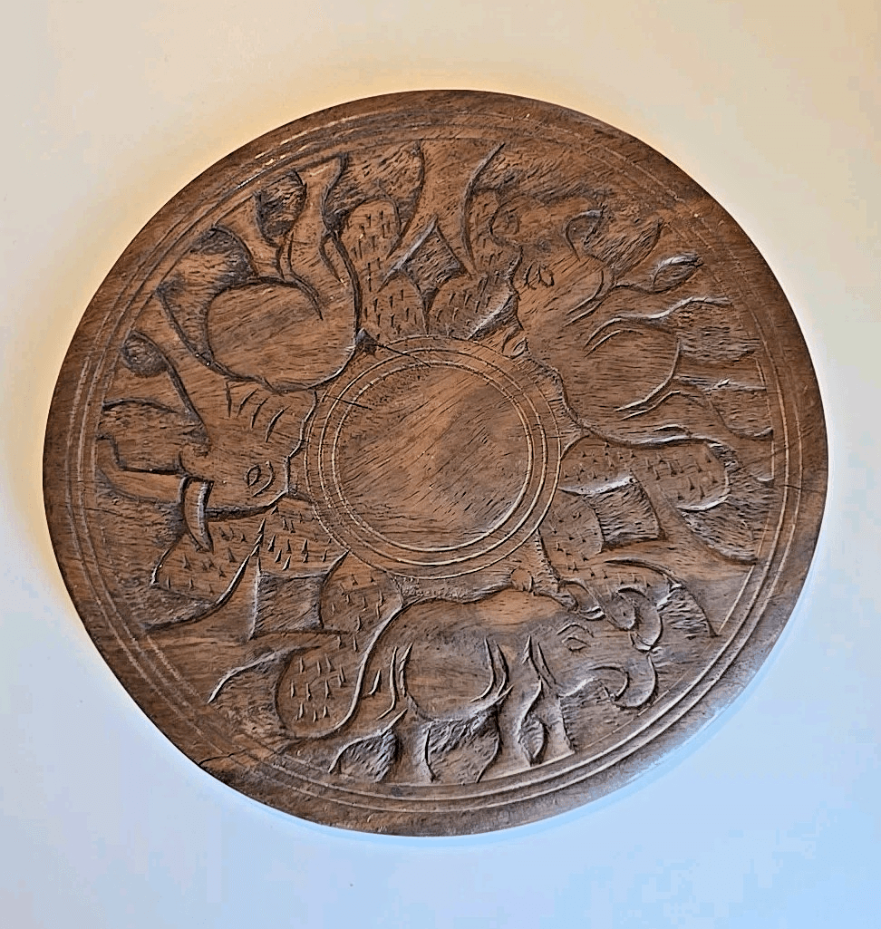 Vintage African Ebony Carved Two Sided Elephant, Hippo, Rhino Plate 12.5"