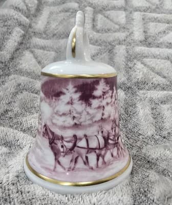 Porcelain Christmas Bell Horse & Carriage Winter Scene Kaiser W Germany 3.25"H - Thumbnail 2