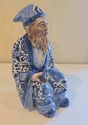 13" Vintage Japanese Kutani Porcelain Old Man Figurine Figure Blue & White - Thumbnail 6