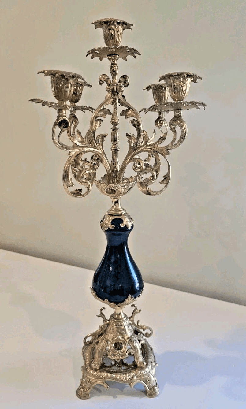 Antique French Louis XVI Style Gold Gilt Coblat Blue Porcelain 5-Arm Candelabra - Thumbnail 2