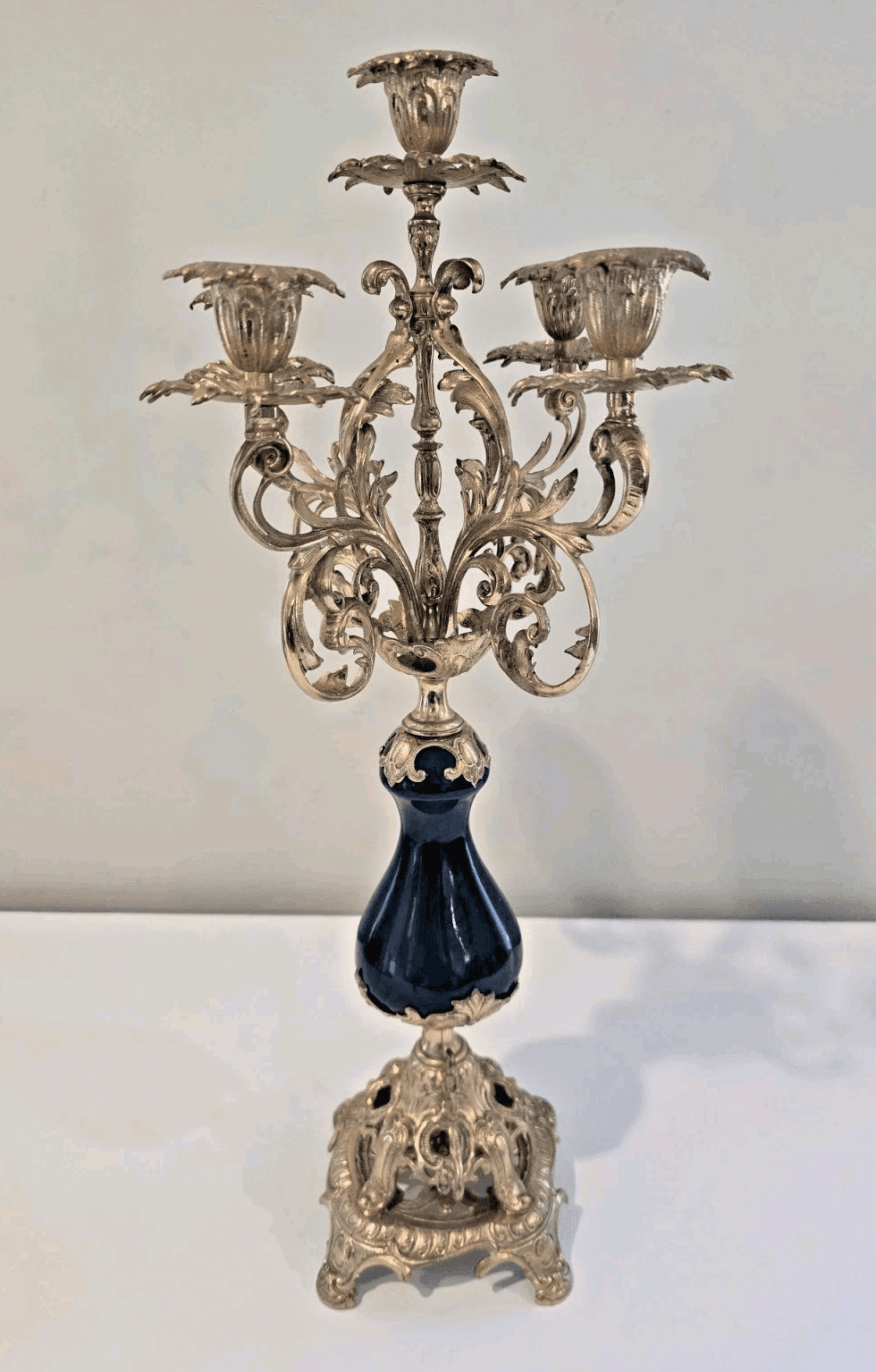 Antique French Louis XVI Style Gold Gilt Coblat Blue Porcelain 5-Arm Candelabra - Thumbnail 3