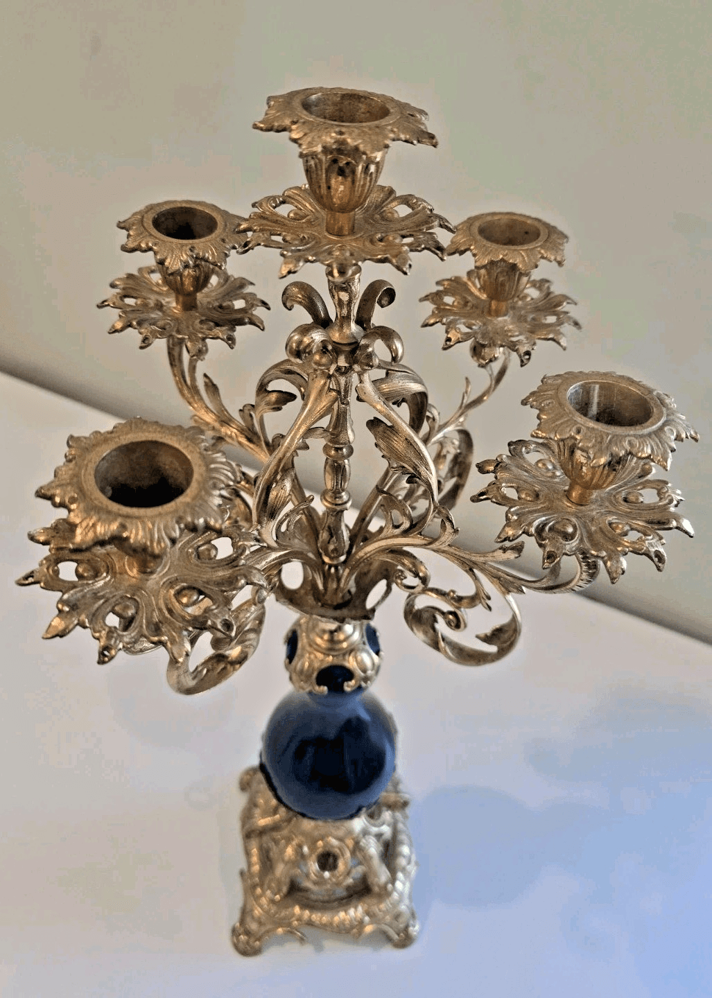Antique French Louis XVI Style Gold Gilt Coblat Blue Porcelain 5-Arm Candelabra - Thumbnail 4