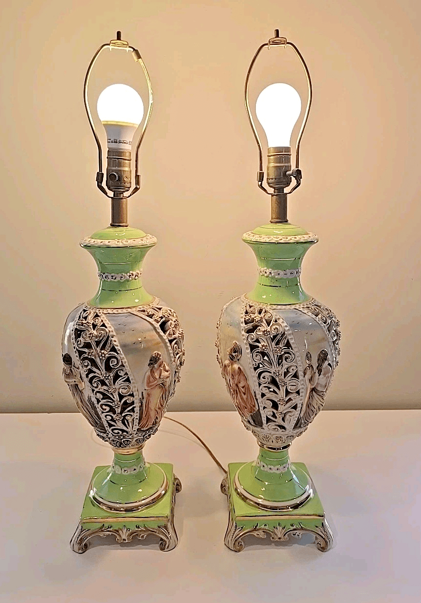 Pair of D'indri Capodimonte Italian Porcelain Lamp Brass Base Hand Painted 29" - Thumbnail 2