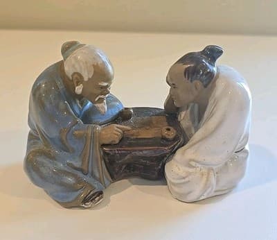 Chinese Mudman Glazed Clay Pottery Figurine Asian Men Playing Mahjong Signed